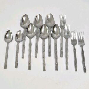 Lifetime Cutlery Stainless Bamboo 12 Pcs Spoons Forks Japan Vtg MCM dinner Salad
